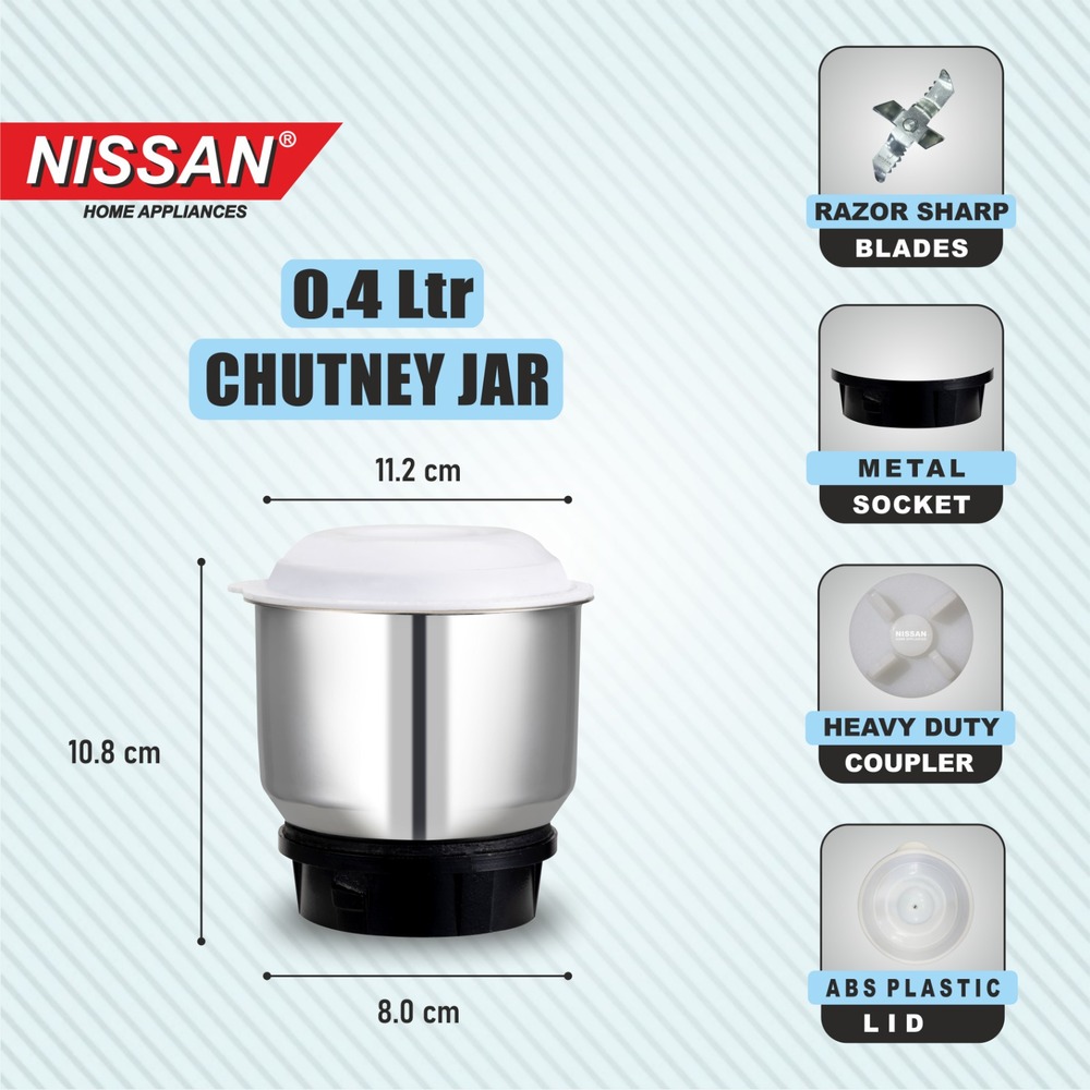 NISSAN HOME APPLIANCES 400ML Stainless Steel Mixer Grinder Jar | Heavy Duty Replacement Mixie Jar for Chutney Grinding, Blending & Mixing | Compatible with Most Mixer Grinders | Food-Grade Steel Body